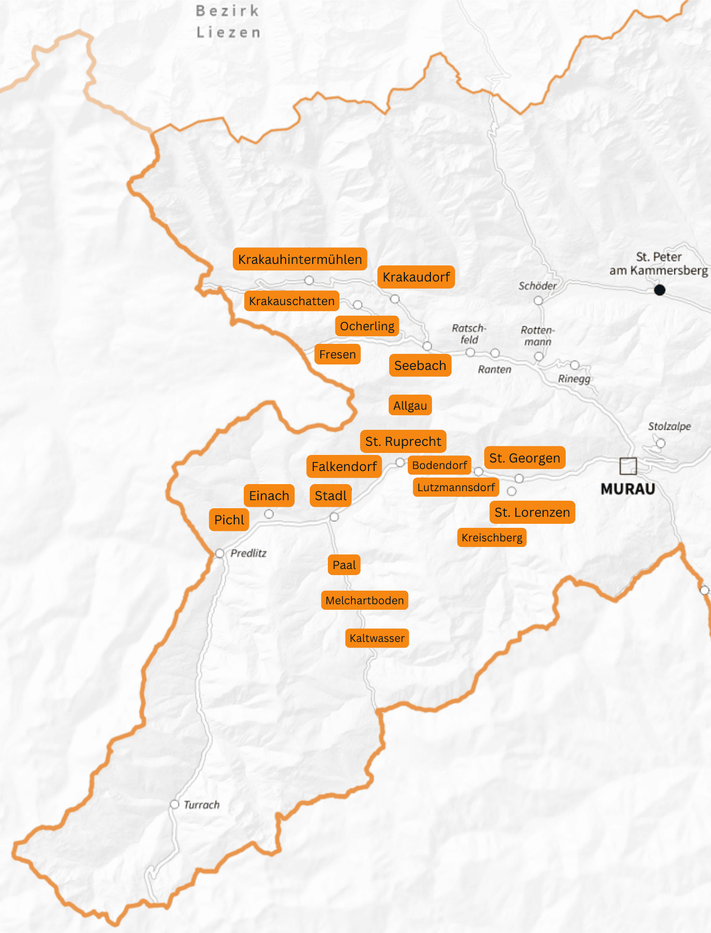 Übersichtskarte des Obermurtals mit Einach, Stadl, Bodendorf, St. Georgen, Seebach und Krakau